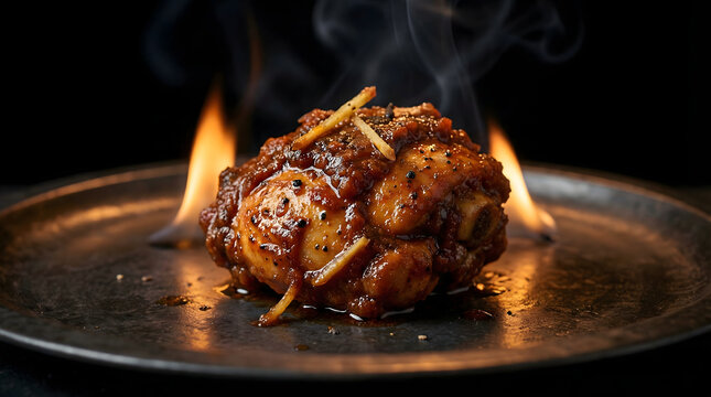 A single succulent piece of gourmet braised meat covered in a rich dark savory sauce garnished with fresh ginger and black pepper on a rustic metal plate with dramatic flames and smoke against a