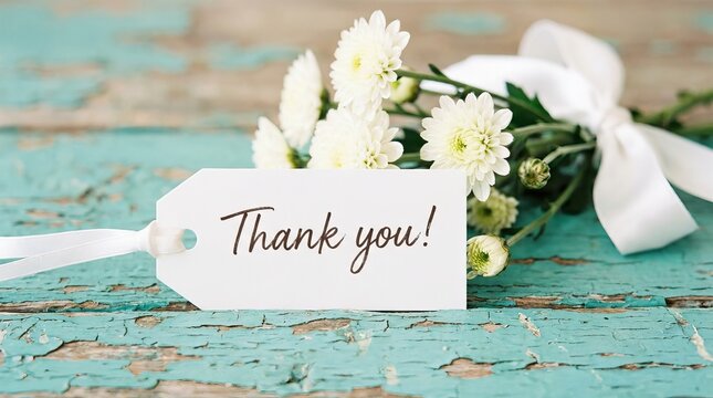 White gift tag reading Thank you beside white chrysanthemums tied with ribbon on distressed turquoise wooden surface.