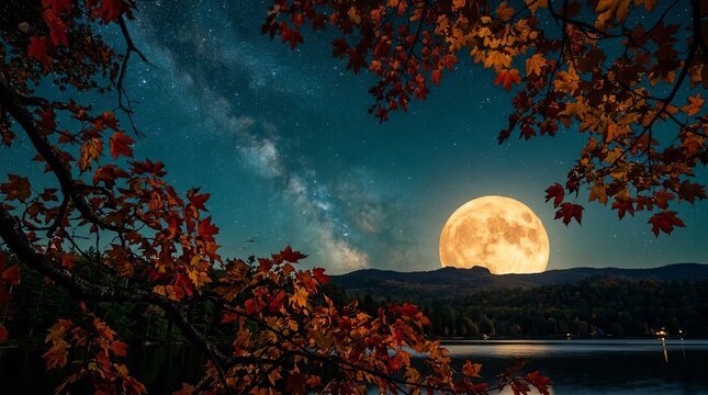 Harvest full moon glowing in a teal starry night sky, framed by red and amber autumn maple leaves, cinematic.