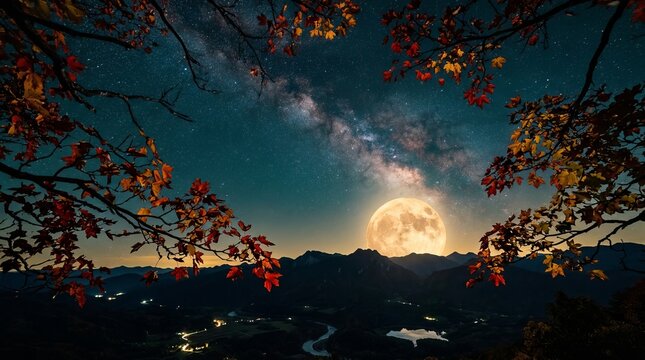 Harvest full moon glowing in a teal starry night sky, framed by red and amber autumn maple leaves, cinematic.
