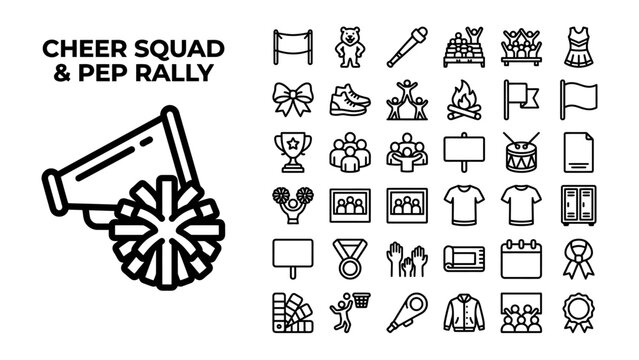 Cheer Squad and Pep Rally Icons: A collection of graphic elements representing cheerleading and pep rally activities, including a megaphone, pom-poms, banners, trophies, and team figures.