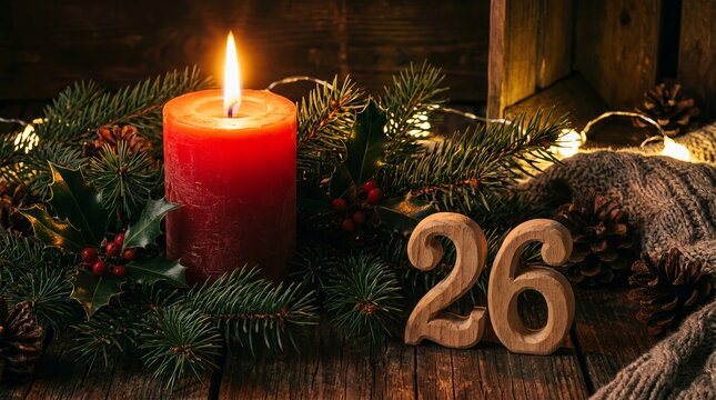 Glowing red pillar candle with evergreen pine branches and wooden number 26 on a dark wooden surface, festive lighting.