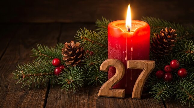 Glowing red pillar candle with evergreen pine branches and wooden number 27 on a dark wooden surface, festive lighting.
