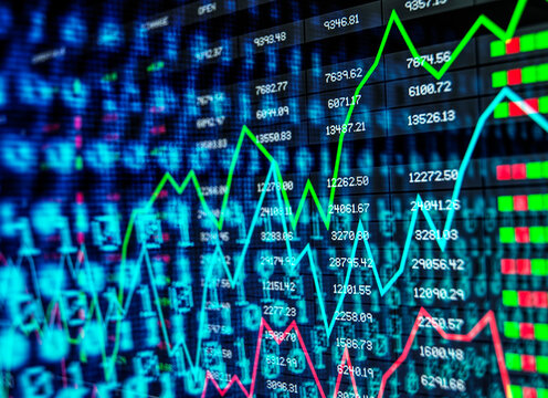 Digital screen displays financial market graphs and trading data