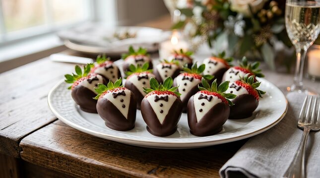 Tuxedo strawberries decorated with white and dark chocolate, tiny bow ties and buttons on an elegant dessert platter.