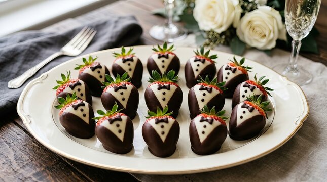 Tuxedo strawberries decorated with white and dark chocolate, tiny bow ties and buttons on an elegant dessert platter.