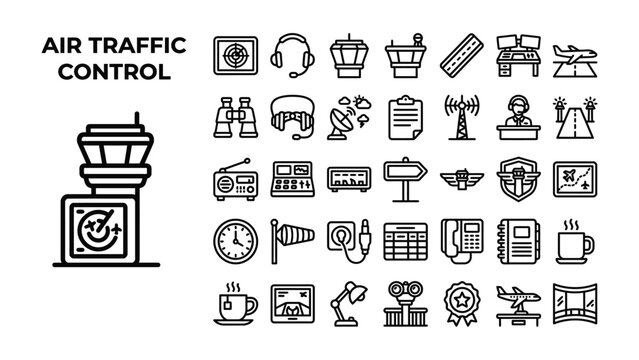 Air Traffic Control Icons Set: A comprehensive collection of line art icons representing various elements of air traffic control, including towers, planes, headphones, and communication devices.