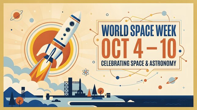 World Space Week banner with rocket launch illustration and copy space for event promotion