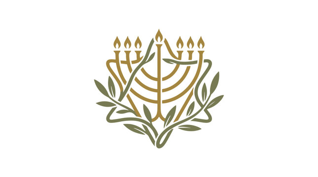 Golden menorah with olive branches vector logo design, traditional Jewish candelabrum icon, spiritual light and peace concept
