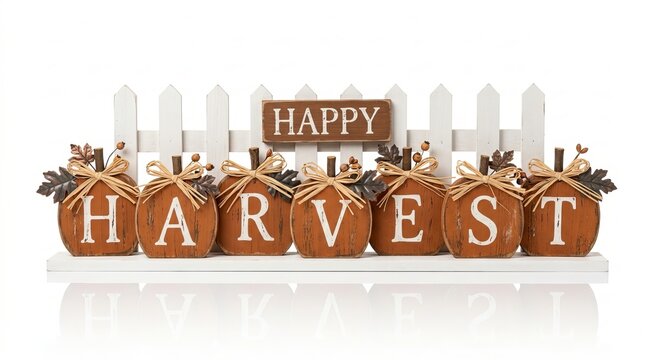 Rustic Thanksgiving tabletop decoration featuring Happy Harvest lettering on wooden pumpkins with raffia bows and leaf accents.