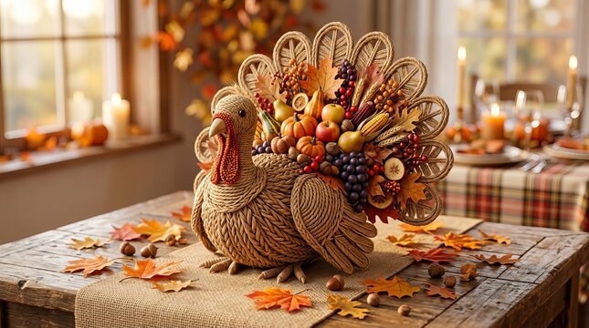 Thanksgiving turkey centerpiece crafted from woven fibers, autumn fruits and dried foliage on rustic wooden table.