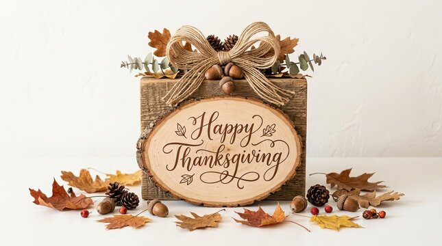 Rustic wooden plaque featuring Happy Thanksgiving calligraphy, dried acorns, twine bow and autumn leaves. 