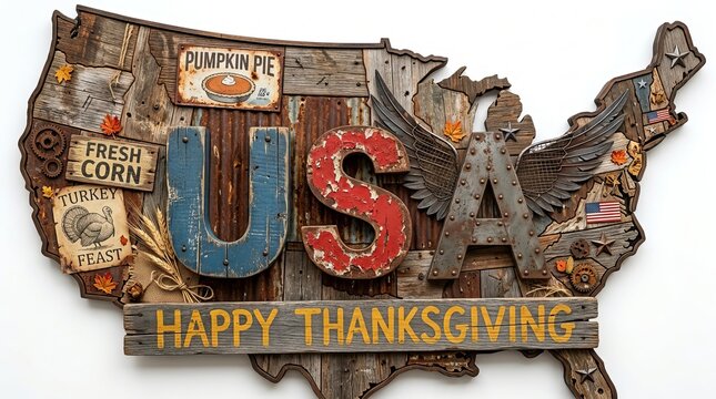 Rustic USA map collage featuring 3D USA letters, HAPPY THANKSGIVING sign and vintage Thanksgiving decorations.