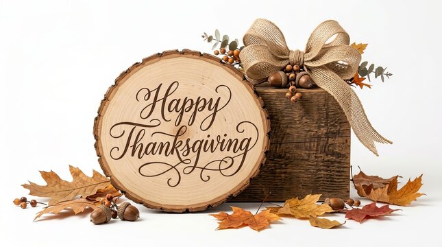 Rustic wooden plaque featuring Happy Thanksgiving calligraphy, dried acorns, twine bow and autumn leaves. 
