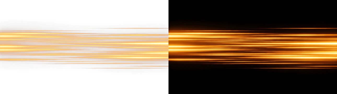 Glowing horizontal light streaks lines speed motion effects design element isolated on transparent background
