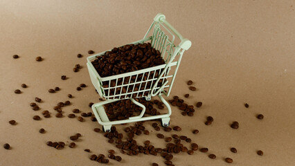 Roasted coffee beans spilling from a miniature shopping cart onto a warm brown background, evoking retail, morning espresso, aroma and consumer choice in a studio still life © Dark Artistic