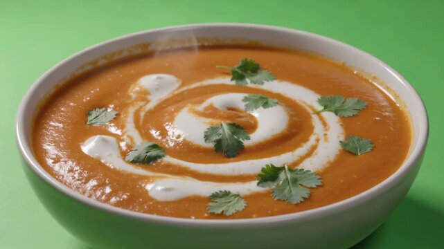 Bubbling, eerie Indian Butter Chicken, intensely steaming with a ghostly white cream swirl and mysterious cilantro leaves, isolated on a bright green