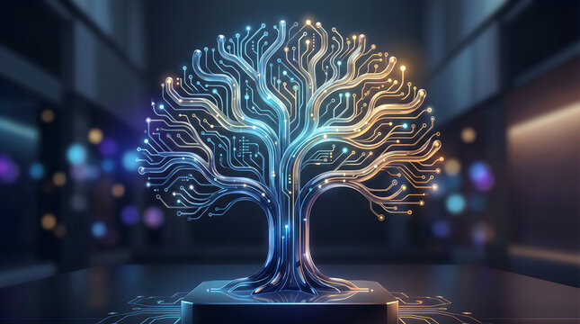 Glossy glass forming a branching circuit-tree silhouette, electronics concept, 3D render illustration