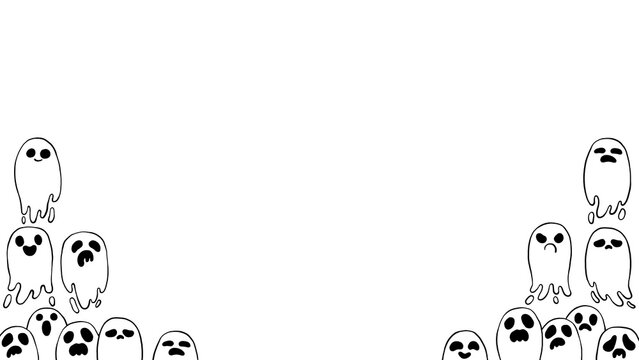 Hand-drawn black and white illustration of a crowd of cute, spooky ghosts hovering in both bottom corners of the frame isolated on transparent background for Halloween party invitations, event posters