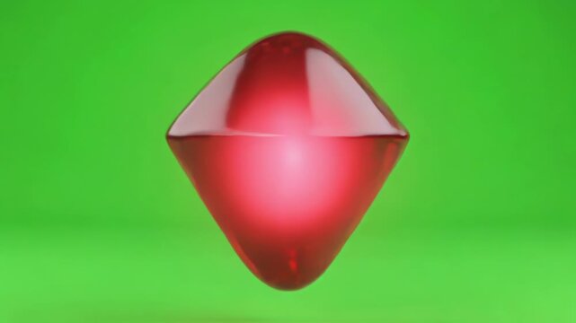 Gleaming ruby-red gem, transforming its fluid, organic shape, rotating with an eerie pulsating internal glow on a green screen, ideal for spooky