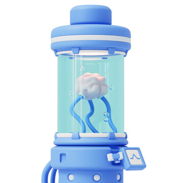 3D render of artificially grown biological brain prototype in liquid-filled glass cylinder capsule connected with cables isolated on transparent background. Scientific research, bioengineering concept