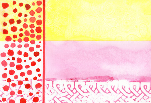Abstract watercolor painting features pink and yellow blocks with dots