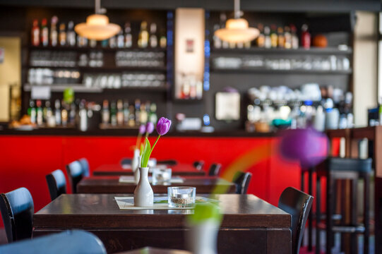 Flowers on table in empty cafe