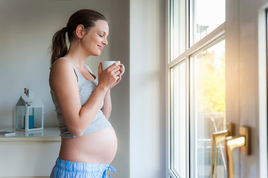 Smiling pregnant woman holding cup at the window