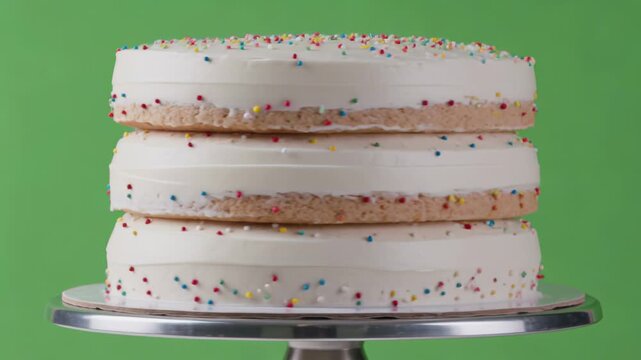 Whimsical three-tier dessert, gracefully spinning, adorned with velvety white icing and a cheerful burst of colorful sprinkles against a vivid green