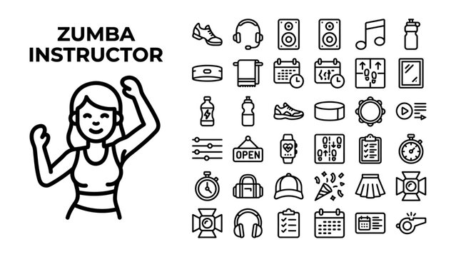 Zumba Instructor Icons: A collection of line art icons representing a Zumba instructor and various fitness, music, and equipment-related symbols for an energetic lifestyle.