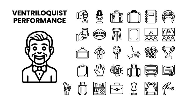 Ventriloquist Performance Icons: A collection of minimalist line art icons representing elements of a ventriloquist's performance, including the performer, puppets, stage, and props.