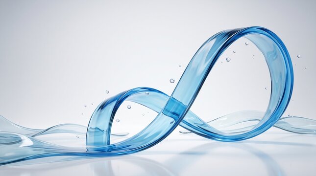 Abstract 3D Render Featuring a Translucent Blue Infinity Loop Ribbon with Flowing Liquid Elements and Small Droplets Against a Clean Soft White Background