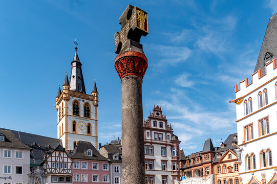 Historic Hauptmarkt square with Marktkreuz and St Gangolf in Trier