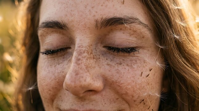 Close-up portrait of a young woman with natural freckles and closed eyes, radiating serene beauty outdoors.