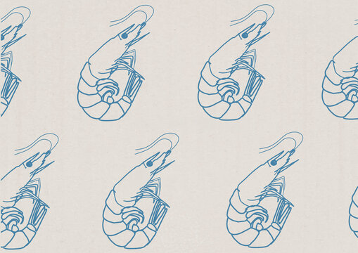 Blue line art shrimp pattern covers a light background