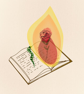 An open book displays a rose and flame symbolizing Sant Jordi
