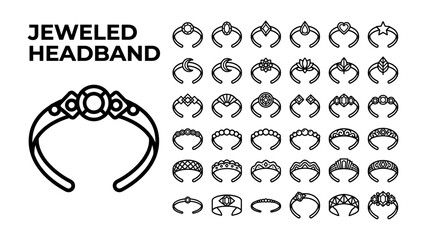 Jeweled Headband Collection: A collection of illustrated jeweled headbands and tiaras in various designs, showcasing intricate details and elegant styles for special occasions. © Karima