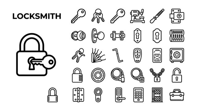 Locksmith Toolset Iconography: A comprehensive collection of clean, modern line icons representing various locksmith tools, locks, keys, and security devices, perfect for digital and print design.