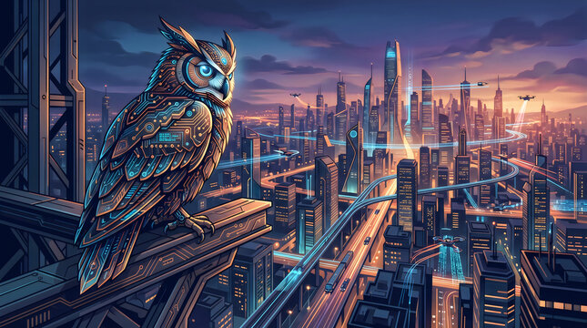 Owl with circuit-pattern feathers perched over a smart city at dusk, AI intuition concept, editorial vector illustration