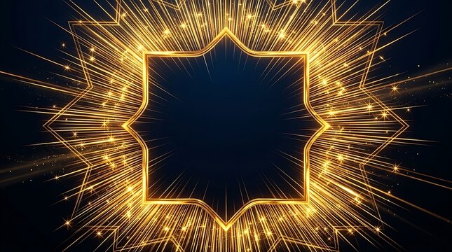 Luxury golden star frame with radiating light rays, elegant Islamic geometric border, festive gold sparkles on dark blue background for Ramadan
