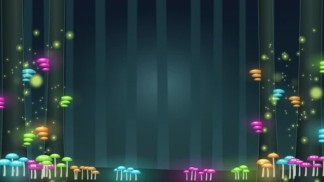 Fireflies swarming in a dark forest of glowing fungi seamless loop