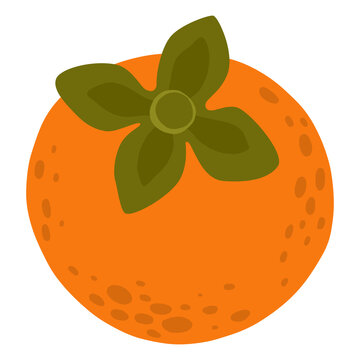 Ripe orange persimmon fruit with a large green leafy calyx and textured skin. Flat botanical illustration suitable for food packaging, menus, stickers and harvest designs.