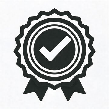 A dark gray circular emblem with a white checkmark in the center, representing a seal of approval, quality, or success, isolated on a white background