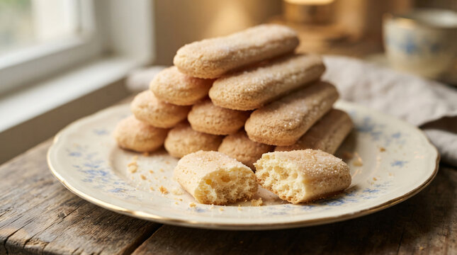 Traditional Filipino broas ladyfinger biscuits stacked on a vintage floral porcelain plate, with broken biscuits showing their soft airy interior.