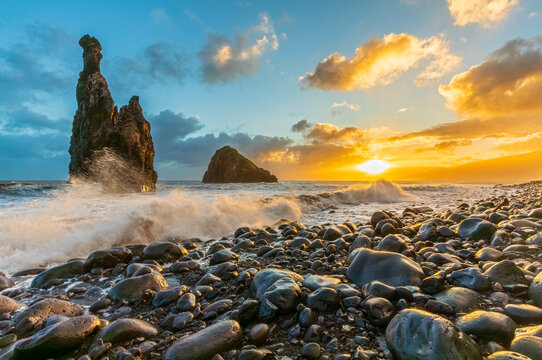 Sunrise at Ilh�us da Ribeira da Janela sea stacks in Madeira Portugal