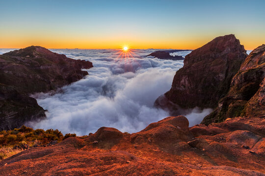 Sunset over Pico do Areeiro on Vereda do Areeiro trail in Madeira