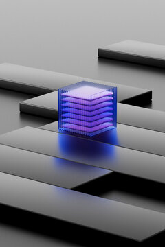 Glowing 3D quantum computing data server cube on dark background