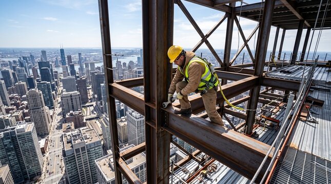 Construction worker securing steel beam on skyscraper frame