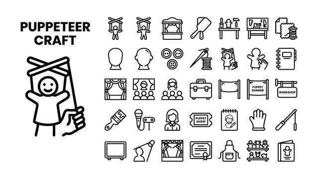 Puppeteer Craft Icon Set: A collection of outline icons representing various aspects of puppetry, including puppets, stages, props, and performance elements, perfect for design projects.
