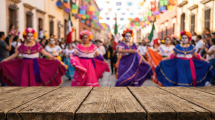 Obraz premium Colorful Day of the Dead festival scene with traditional dancers in vibrant costumes performing on a lively Mexican street, festive decorations, bright colors, cultural celebration and urban architect
